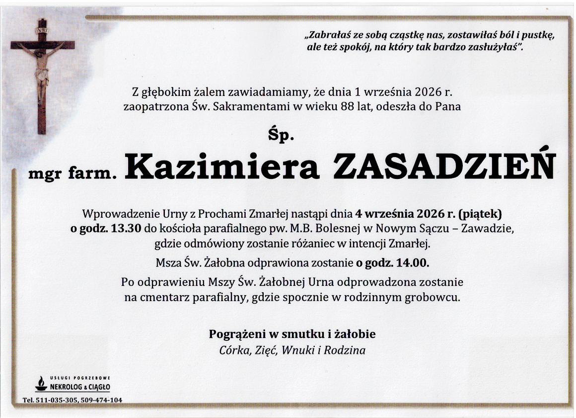 Nekrolog — Śp. Kazimiera ZASADZIEŃ – Nowy Sącz – Zawada