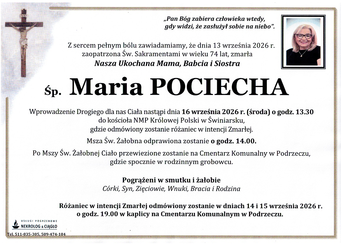 Nekrolog — Śp. Maria POCIECHA – cmentarz komunalny w Podrzeczu
