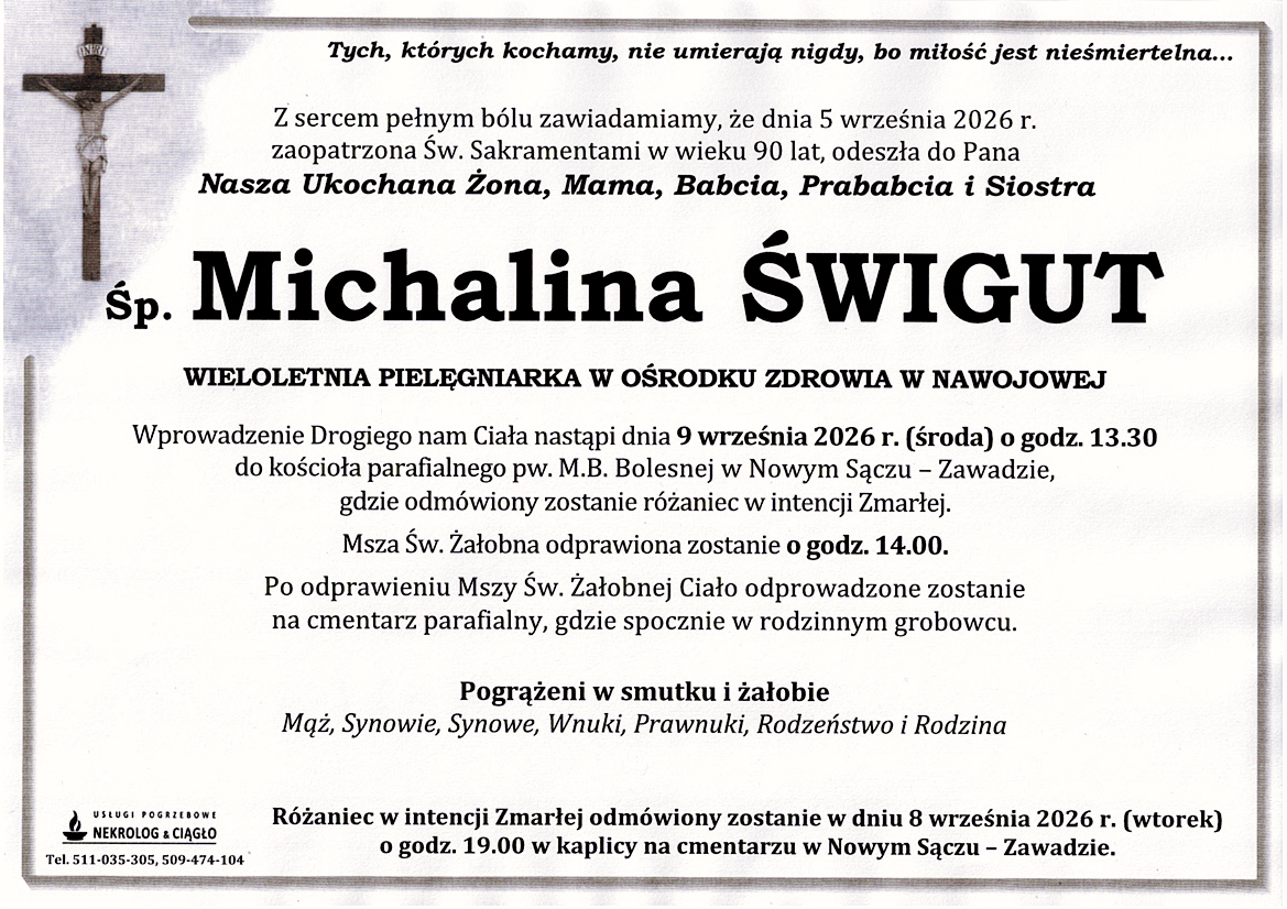 Nekrolog — Sp. Michalina ŚWIGUT – Nowy Sącz – Zawada