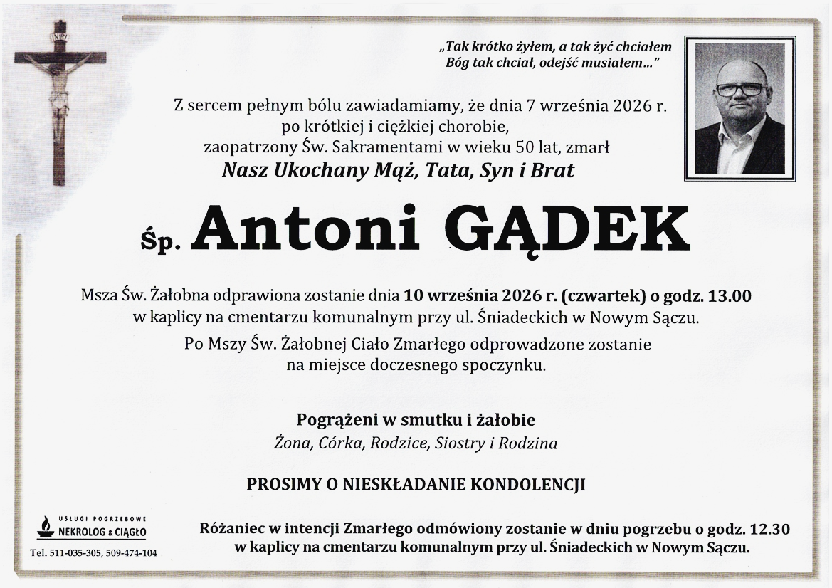 Nekrolog — Śp. Antoni GĄDEK – cmentarz przy ul. Śniadeckich w Nowym Sączu